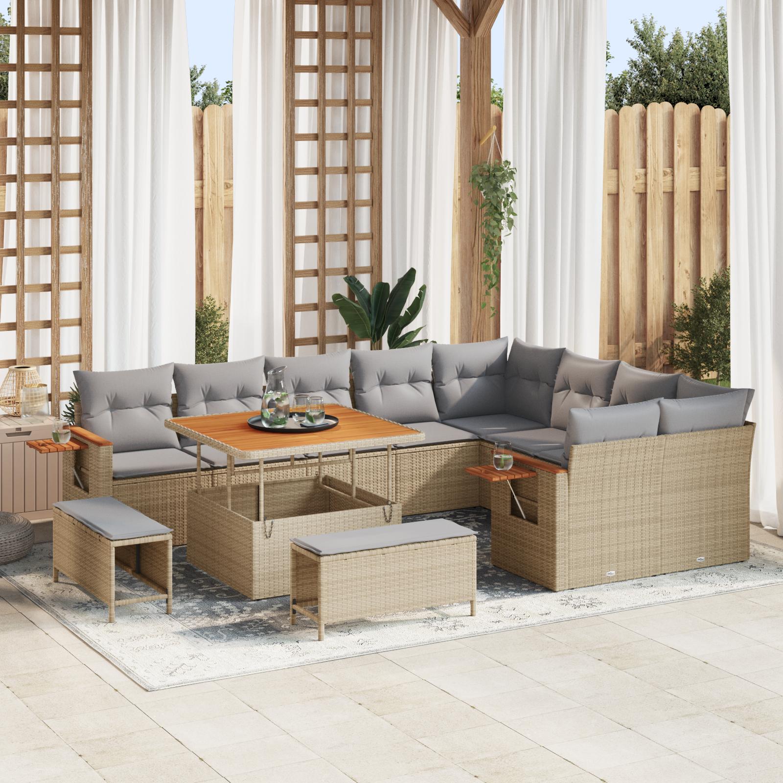 12 Dels Have Sofa Sæt Med Puder Beige Poly Rattan Akacia 3 Dels Have Spise Sæt Med Puder Beige Poly Rattan Akacia