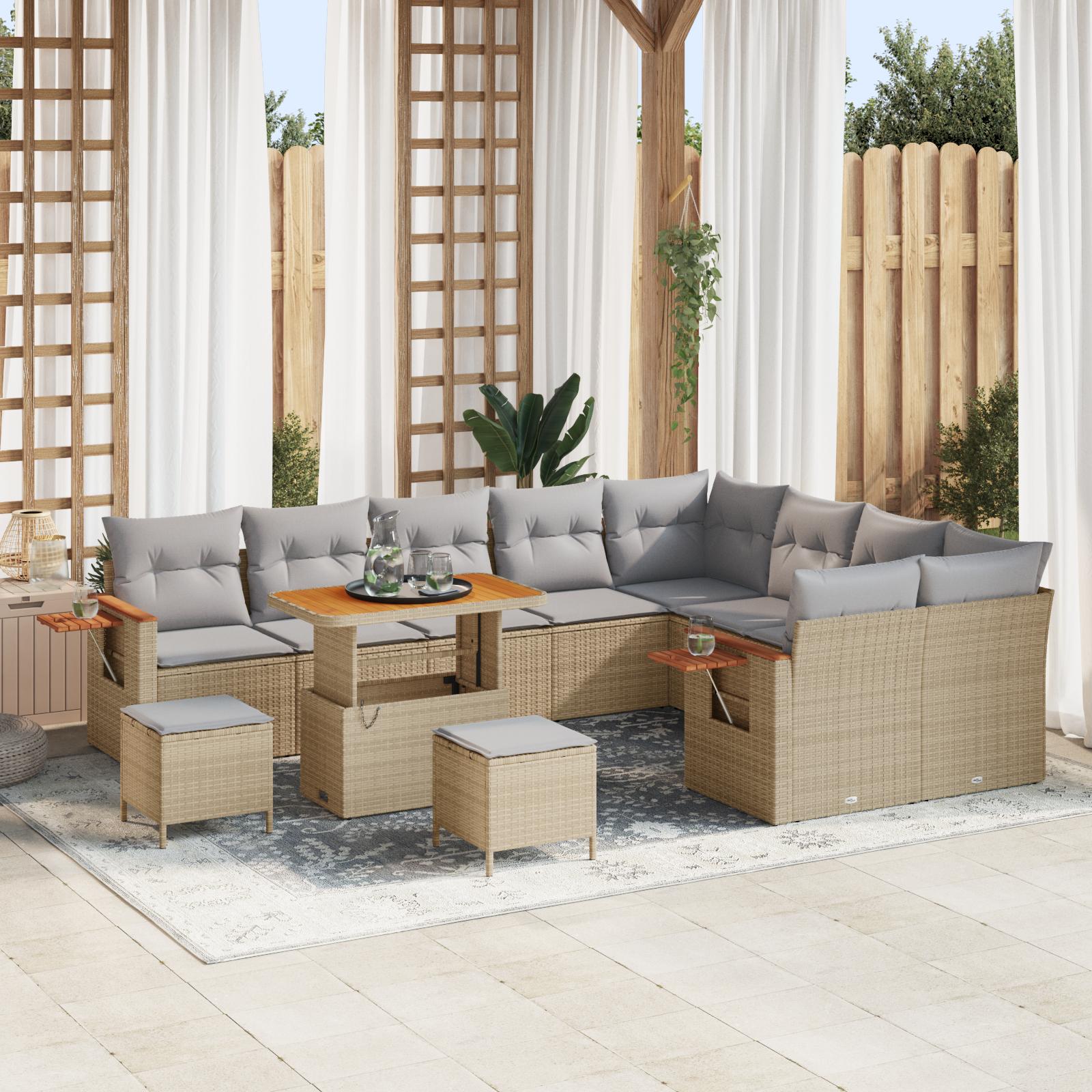 ModulÃ¦r havesofa sÃ¦t med puder, 13 dele - beige/lys grÃ¥ polyrattan og akacietrÃ¦