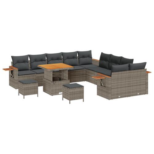 13 Delers Have Sofa Sæt med Puder Grå Polyrattan Akacie, 3 Delers Have Spise Sæt med Puder Grå Polyrattan Akacie