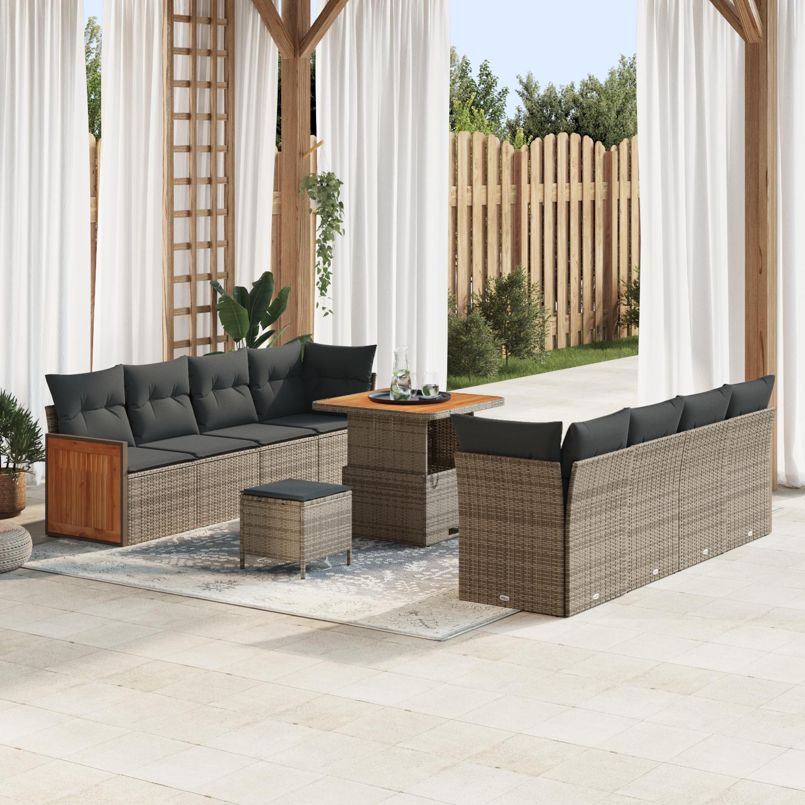 Modulært havesofasæt med puder - 11 dele, grå polyrattan