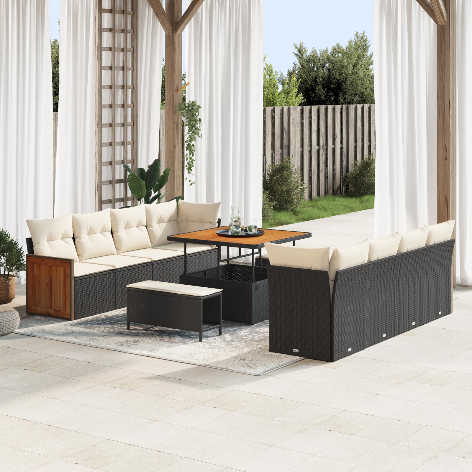 Modulært havesofa sæt i polyrattan - sort/cream, 231 × 224 × 85 cm