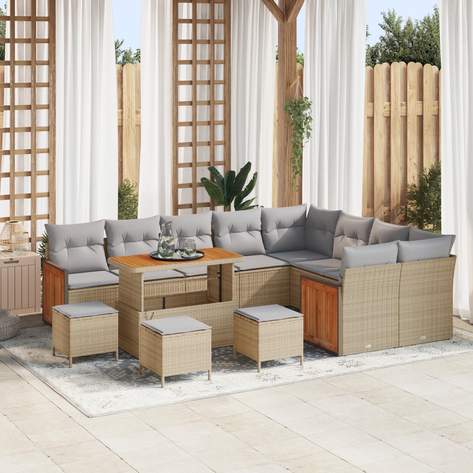 Havesofa Sæt Med Pude 13 Dele Polyrattan - beige og lysegrå / 110 cm bordlængde
