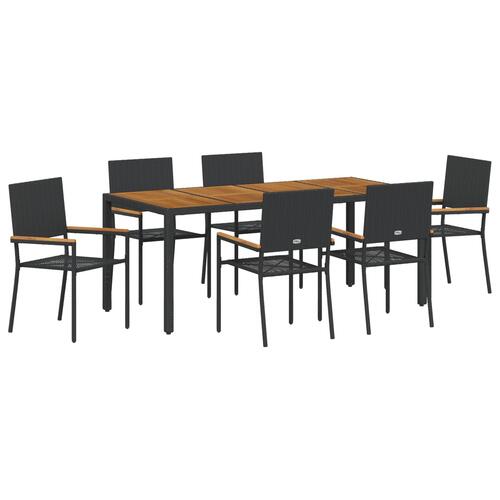 7 Stykke Have Spisebordssæt Sort Poly Rattan, Stable Have Stole med Puder - 2 Stk. Sæt i Sort Poly Rattan