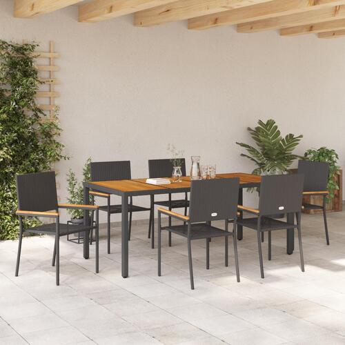 7 Stykke Have Spisebordssæt Sort Poly Rattan, Stable Have Stole med Puder - 2 Stk. Sæt i Sort Poly Rattan