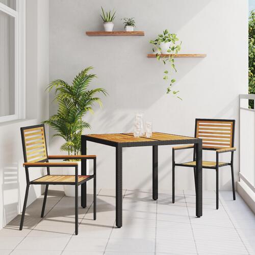 3 Stykke Have Spisesæt Sort Poly Rattan Akacia, Stabelbare Have Stole med Puder 2 stk Sort Poly Rattan