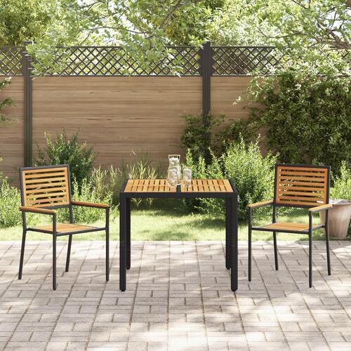 3 Stykke Have Spisesæt Sort Poly Rattan Akacia, Stabelbare Have Stole med Puder 2 stk Sort Poly Rattan