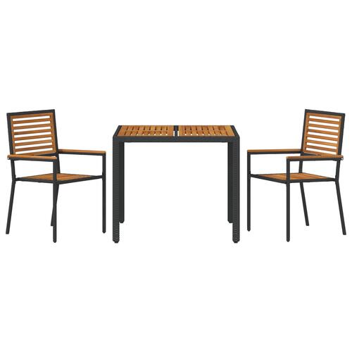 3 Stykke Have Spisesæt Sort Poly Rattan Akacia, Stabelbare Have Stole med Puder 2 stk Sort Poly Rattan