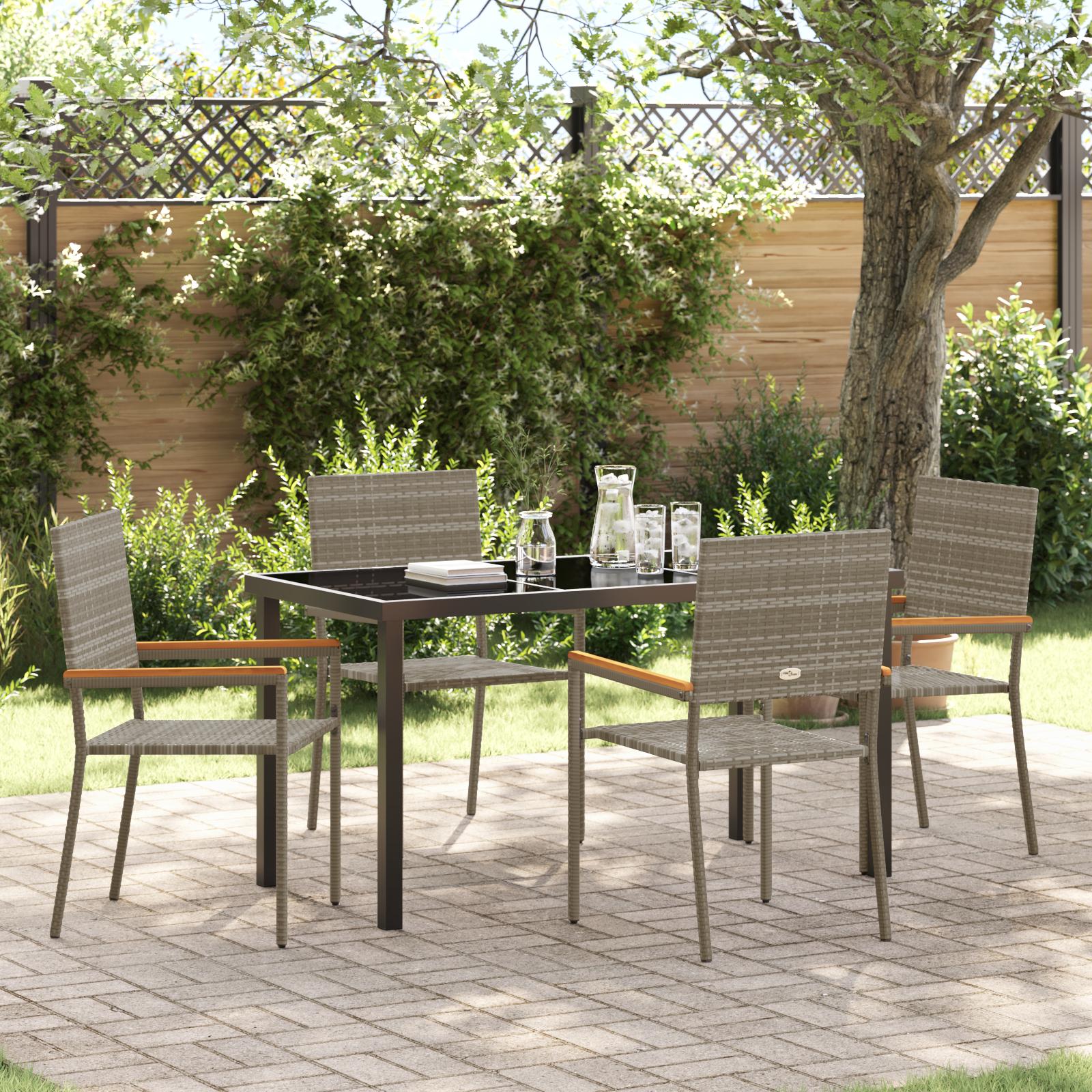Have spisebordssæt med puder - 5 dele i grå polyrattan, glasbord 140 × 70 cm