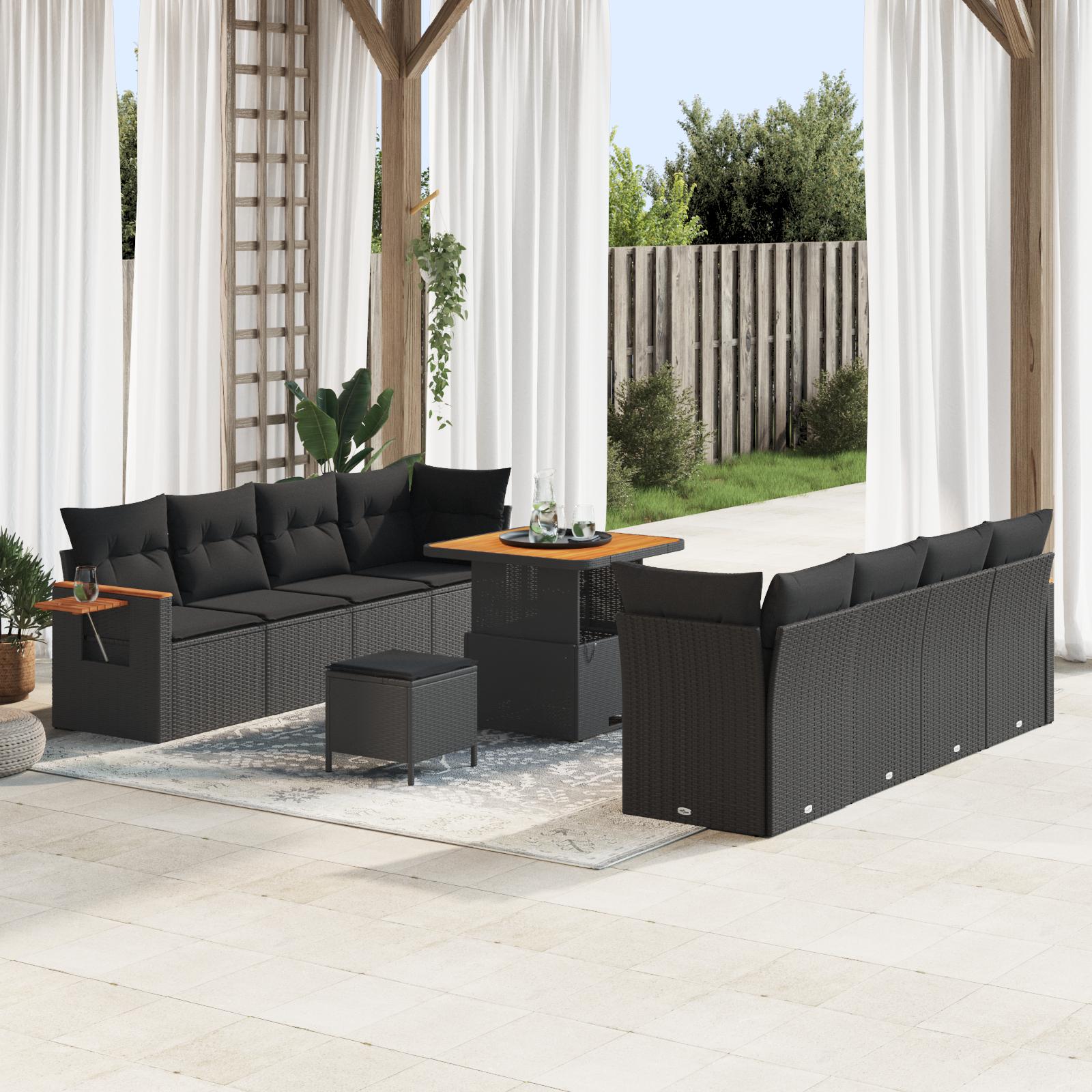 11 Stykke Have Sofa Sæt Med Puder Sort Poly Rattan Akacia 3 Stykke Have Spisestue Sæt Med Puder Sort Poly Rattan Akacia