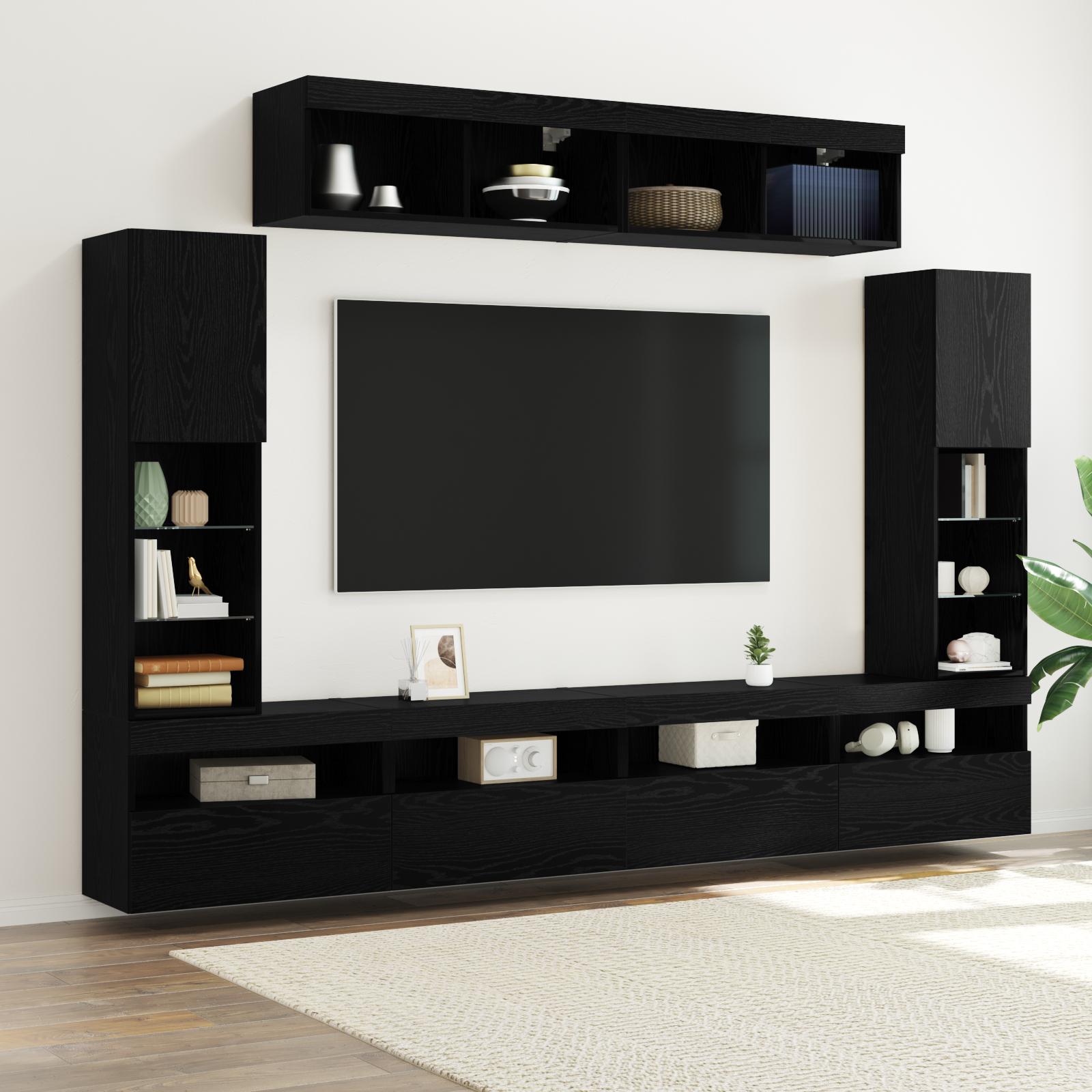 8 Styk TV Væg Enheder med LED Sort Eg Konstrueret Træ
