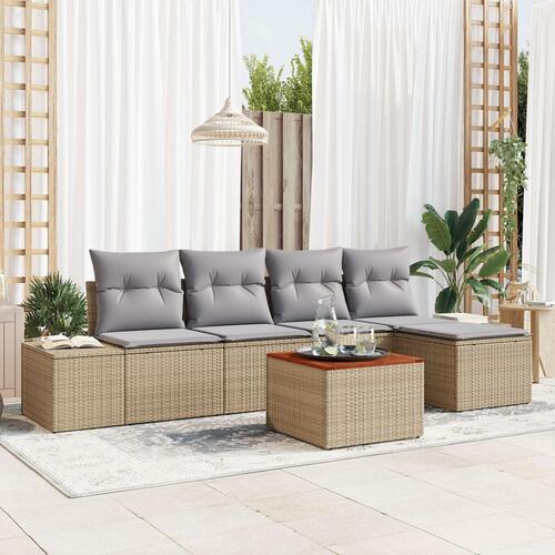 6-delt Havemøbel Sofa Sæt med Puder Beige Poly Rattan Akacietræ