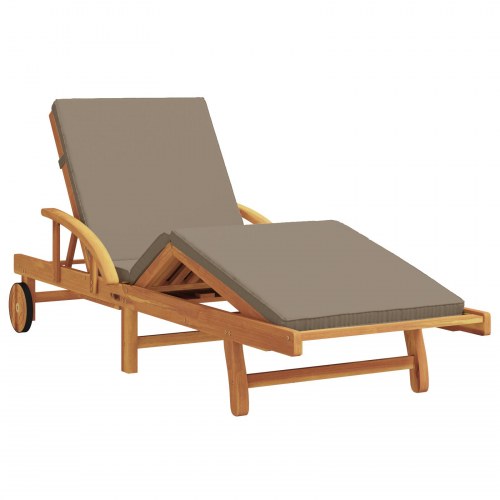 Solstol med pude og bord Taupe Massivt Akacietræ, Sammenfoldelig Solstol med Hjul & Pude Taupe Massivt Akacietræ