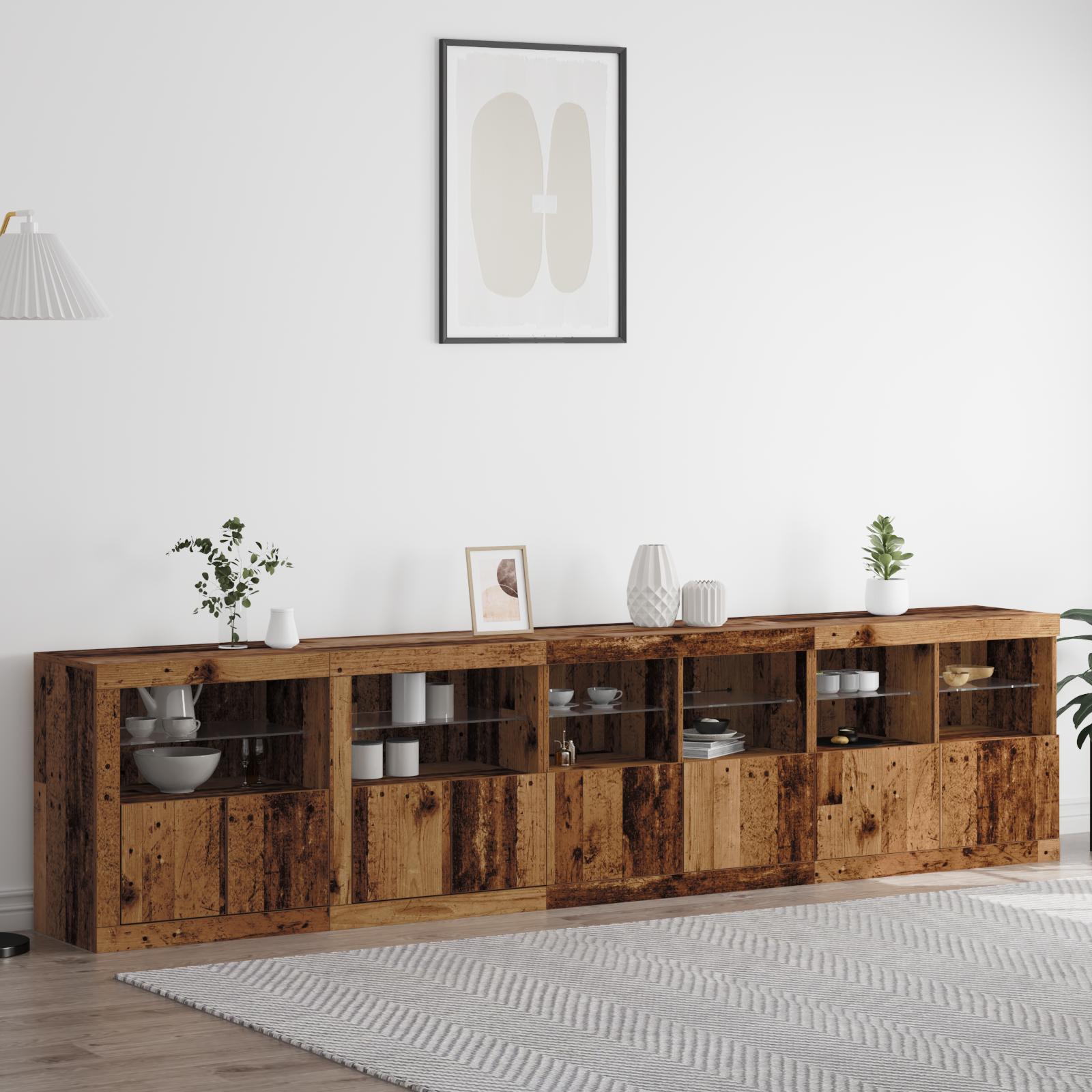 Sofabord med LED-lamper Gamle træ 283x37x67 cm konstrueret træ