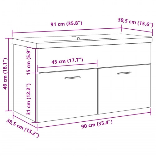 Badeværelsesskab med indbygget håndvask Sort egetræ Konstrueret træ
