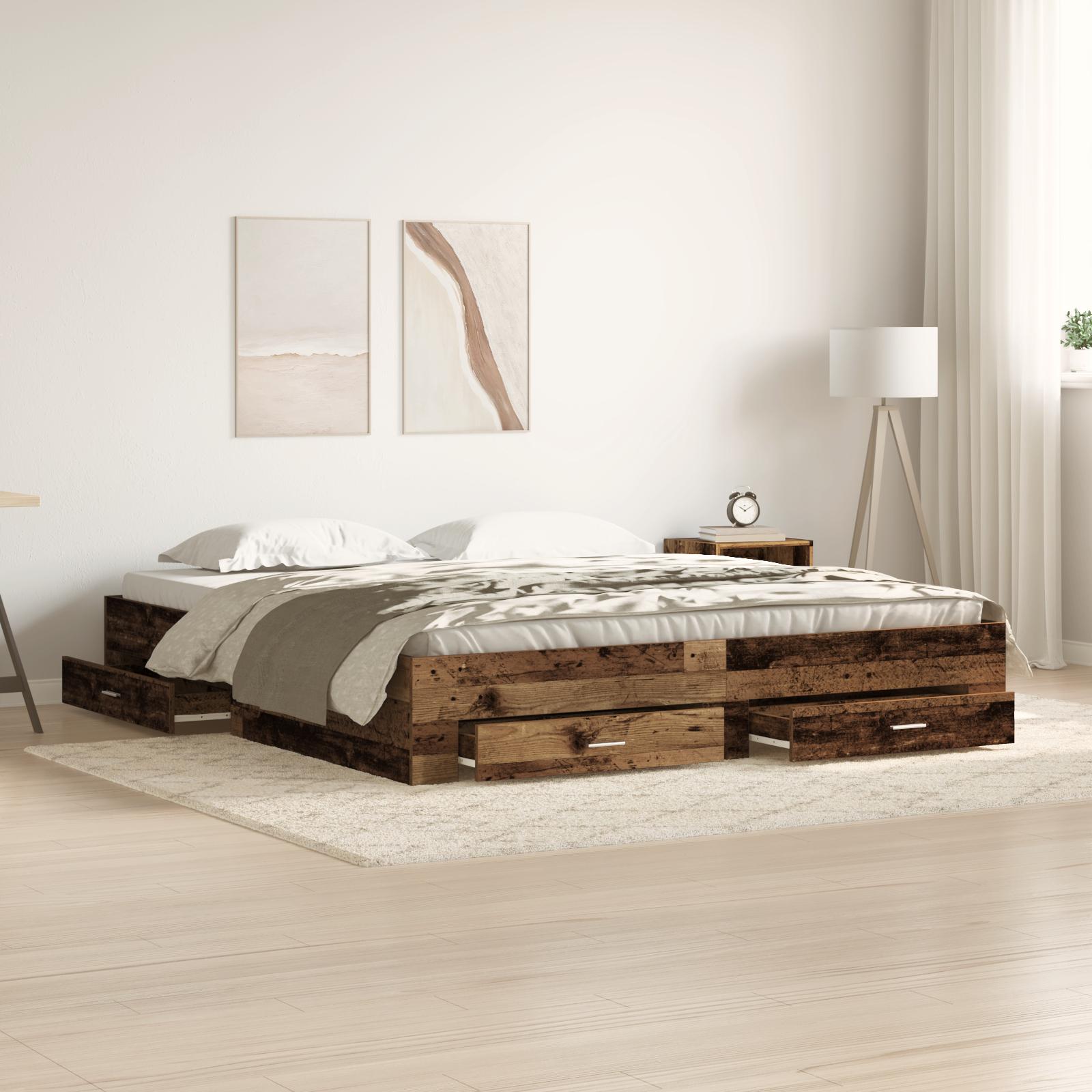 Sengestel med skuffer Gammelt træ 180 x 200 cm Konstrueret træ