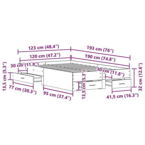 Senge ramme med skuffer i gammelt træ 120x190 cm konstrueret træ