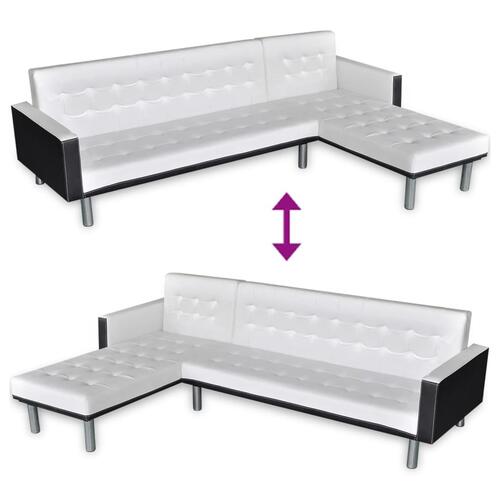 Sovesofa med chaiselong kunstlæder hvid og sort