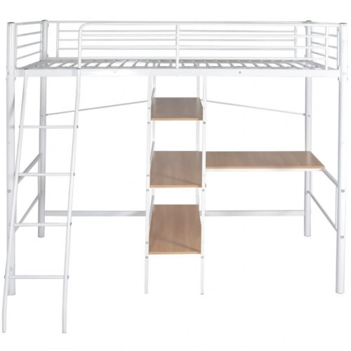 Loftseng med skrivebord hvid og brun metal 90 x 200 cm