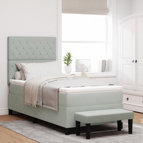 Box Spring Seng med Madras & Bænk Lys Grå 90x190 cm Fløjl