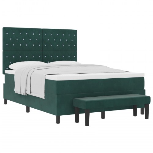 Boxspring Seng med Madrass & Bænk Mørkegrøn 140x190 cm Fløjl