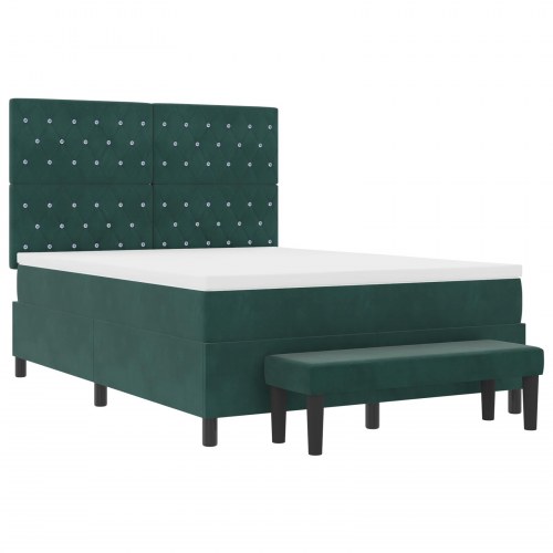 Boxspring Seng med Madrass & Bænk Mørkegrøn 140x190 cm Fløjl