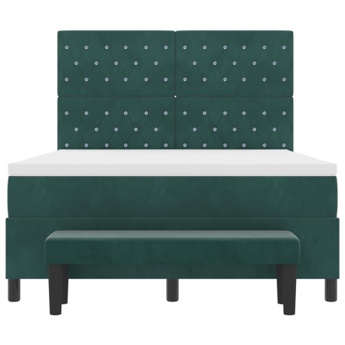 Boxspring Seng med Madrass & Bænk Mørkegrøn 140x190 cm Fløjl