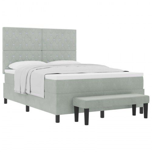 Box Spring Seng med Madras & Bænk Lysegrå 140x200 cm Fløjl