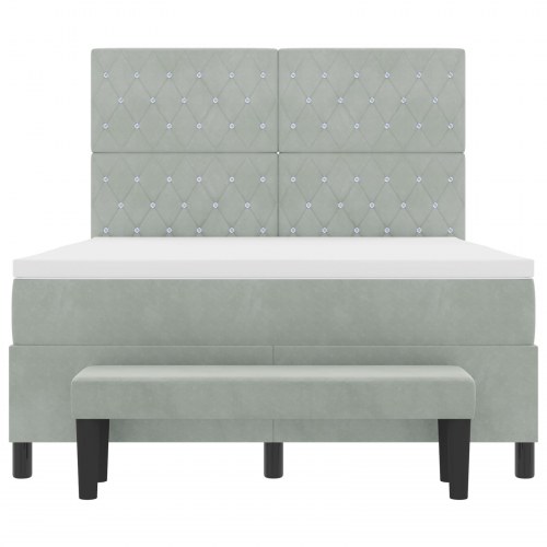 Box Spring Seng med Madras & Bænk Lysegrå 140x200 cm Fløjl