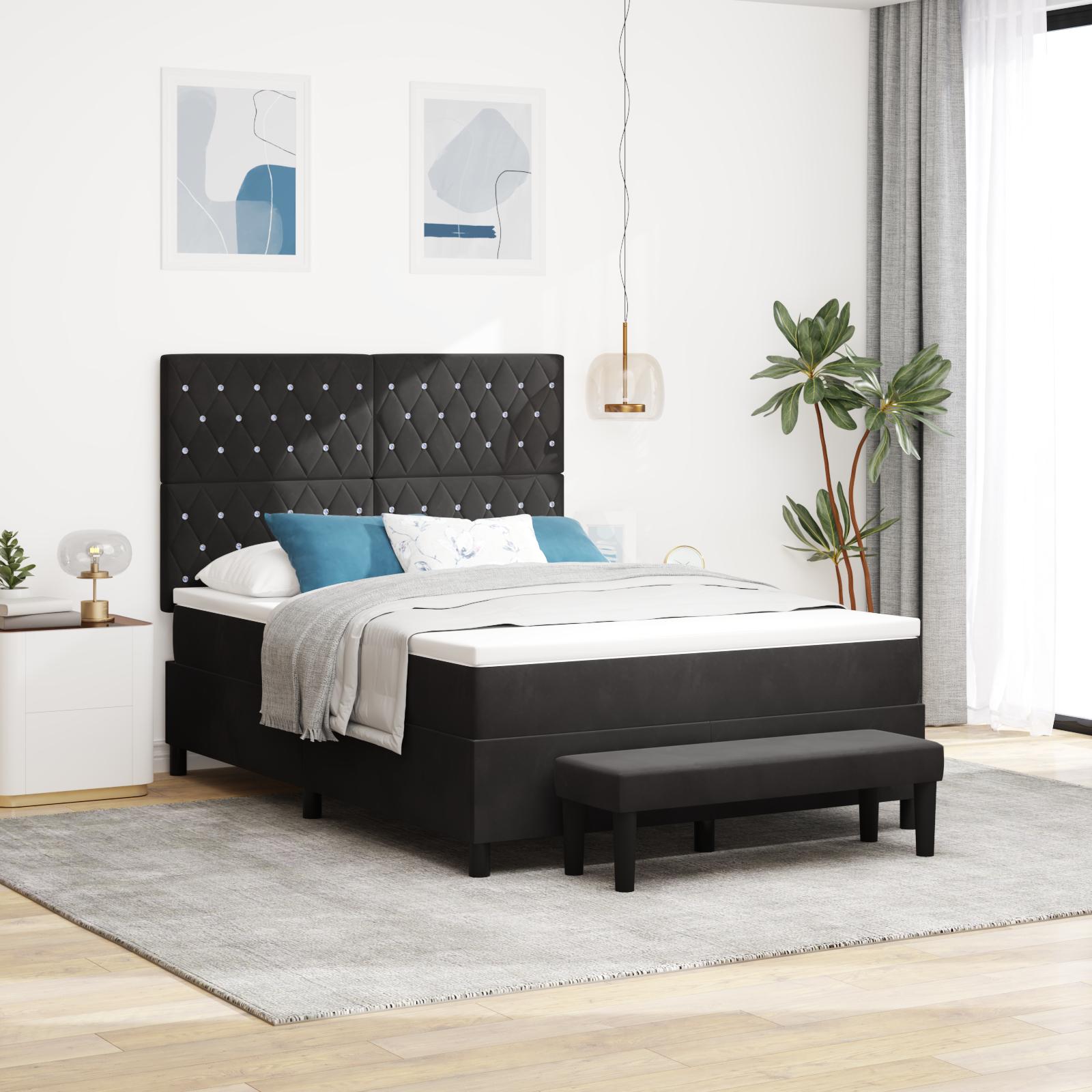 Box Spring Seng Med Madras & Bænk Sort 160x200 Cm Fløjl