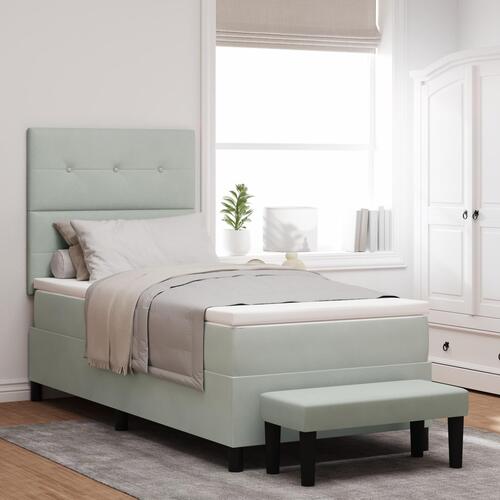 Box Spring Seng med Madrass & Bænk Lysegrå 90x200 cm Fløjl