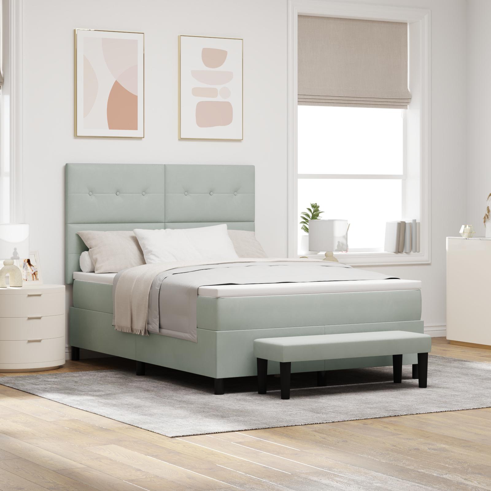 Box Spring Seng Med Madras & Bænk Lys Grå 140x190 Cm Fløjl