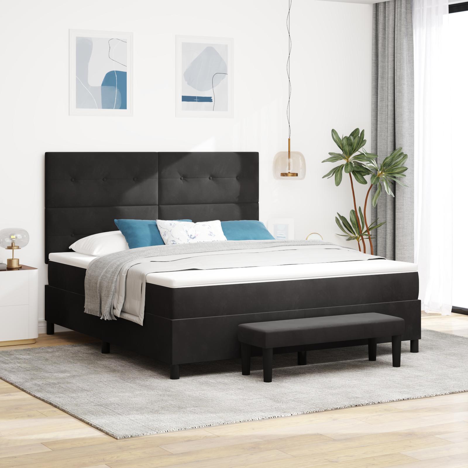 Boxspring Seng Med Madras & Bænk Sort 180x200 Cm Velour