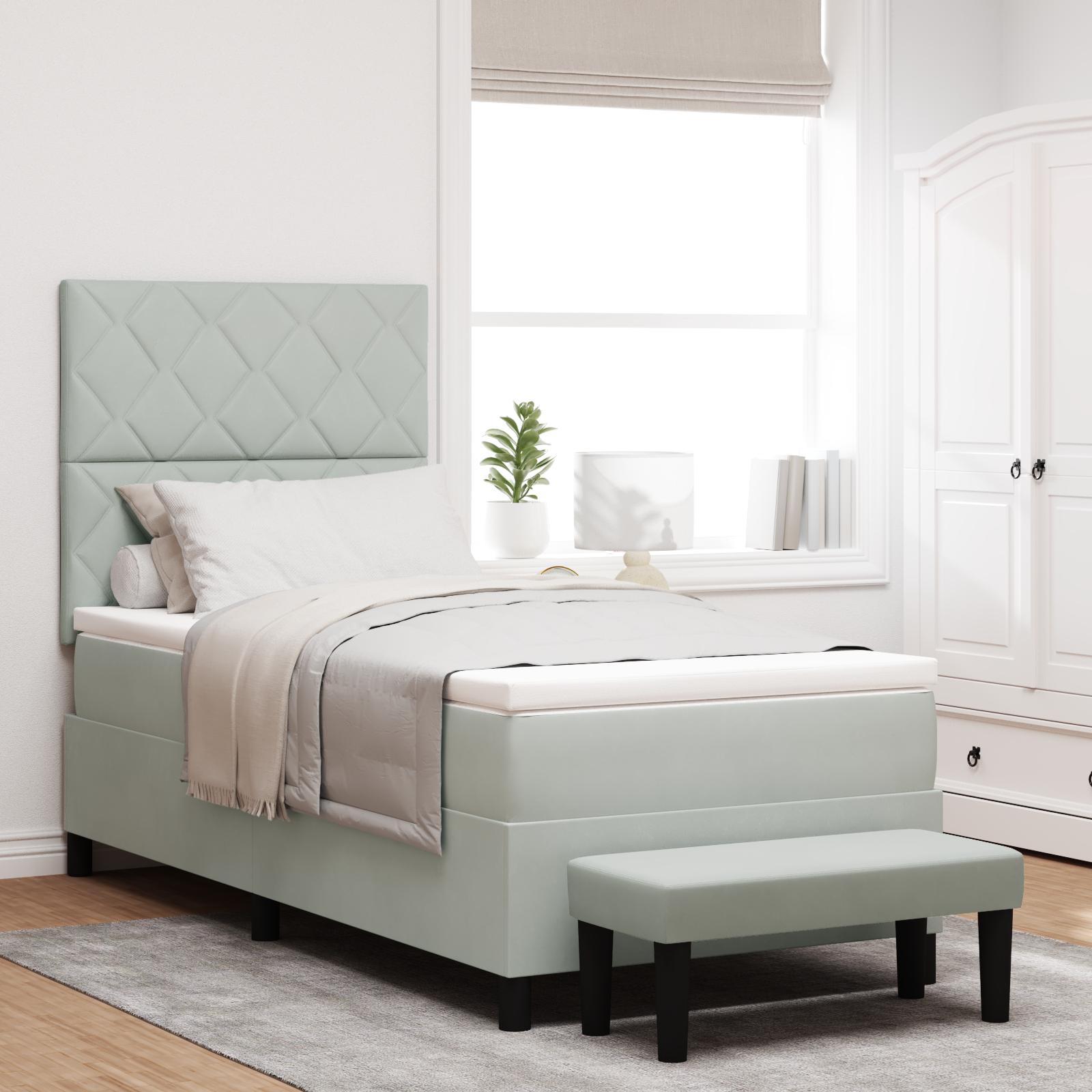 Box Fjeder Seng Med Madras & Bænk Lysegrå 90x200 Cm Velour
