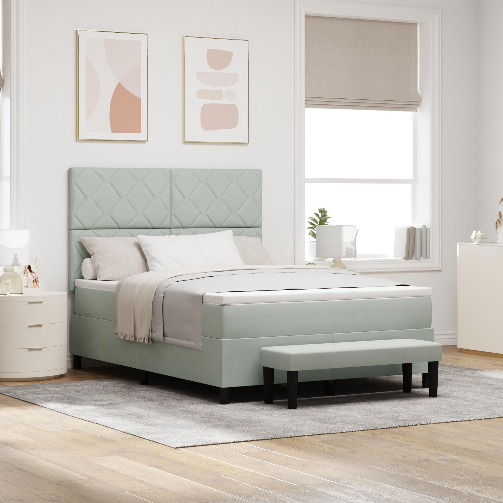 Box Spring Seng Med Madras & Bænk Lysegrå 140x190 Cm Fløjl