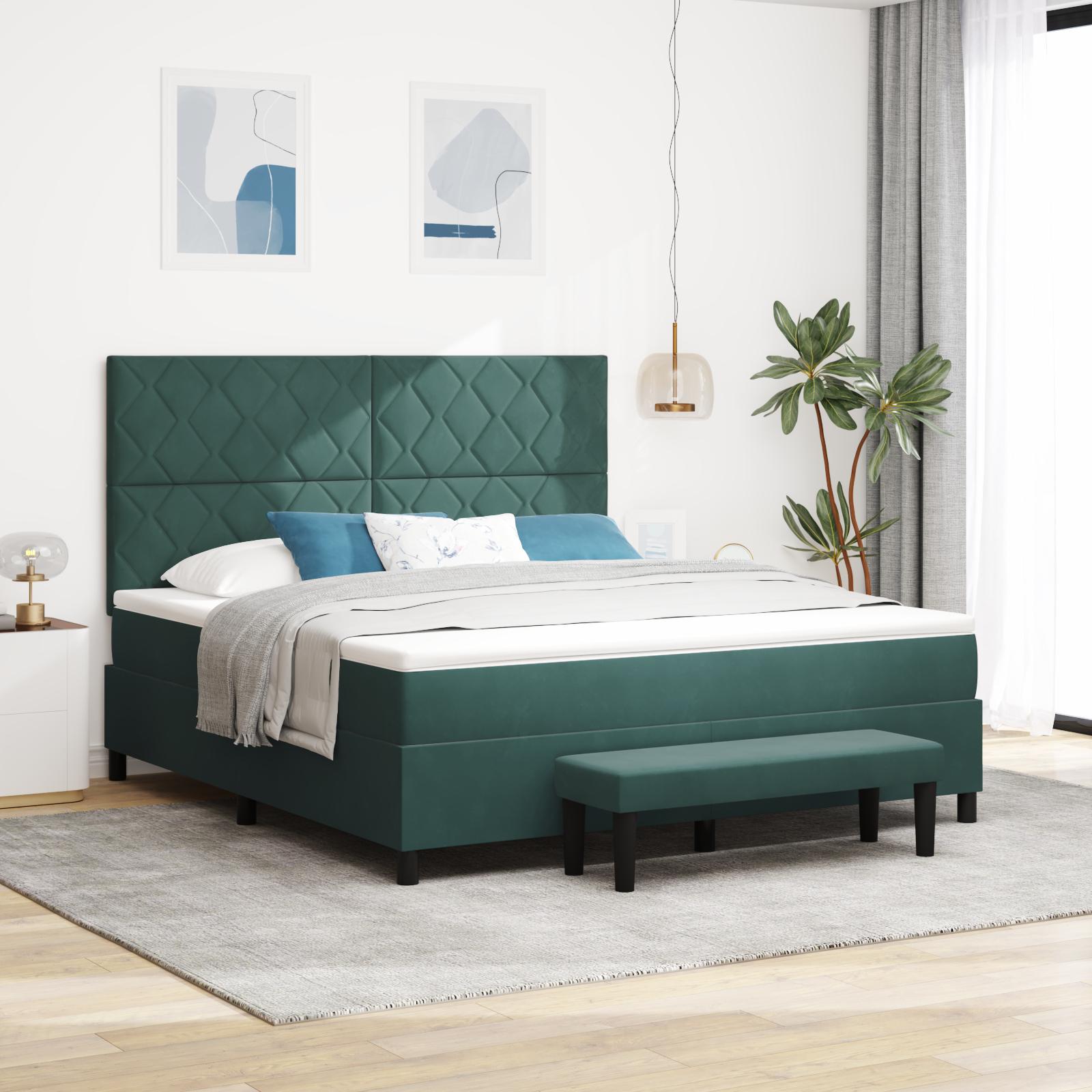 Boxspring Seng Med Madras & Bænk Mørkegrøn 180x200 Cm Fløjl