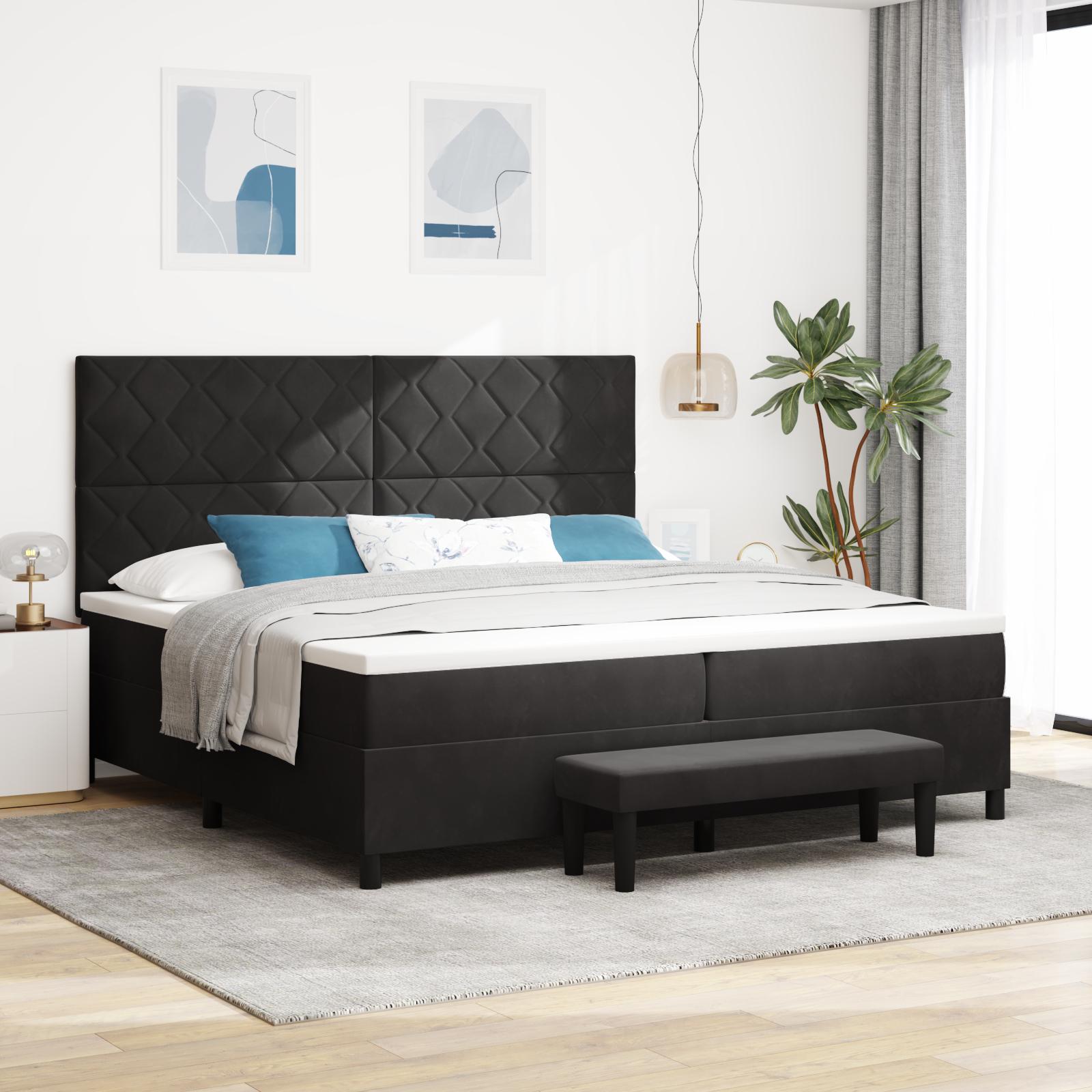 Box Spring Seng Med Madras & Bænk Sort 200x200 Cm Fløjl