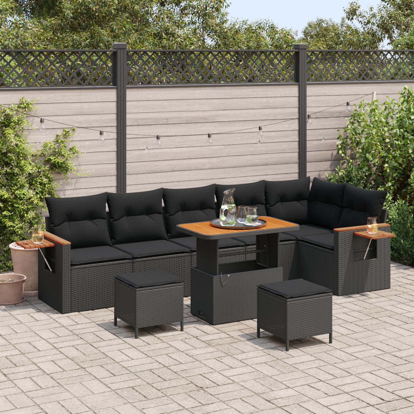 Modulært havesofa sæt i sort polyrattan med puder - 11 dele