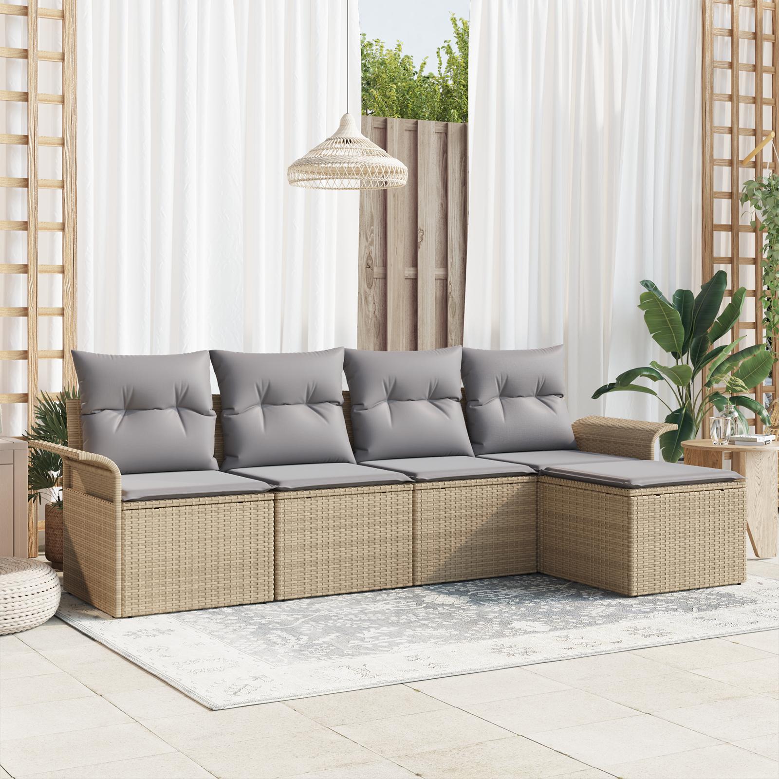 Havesofa Sæt med pude 5 stk Beige Poly rattan