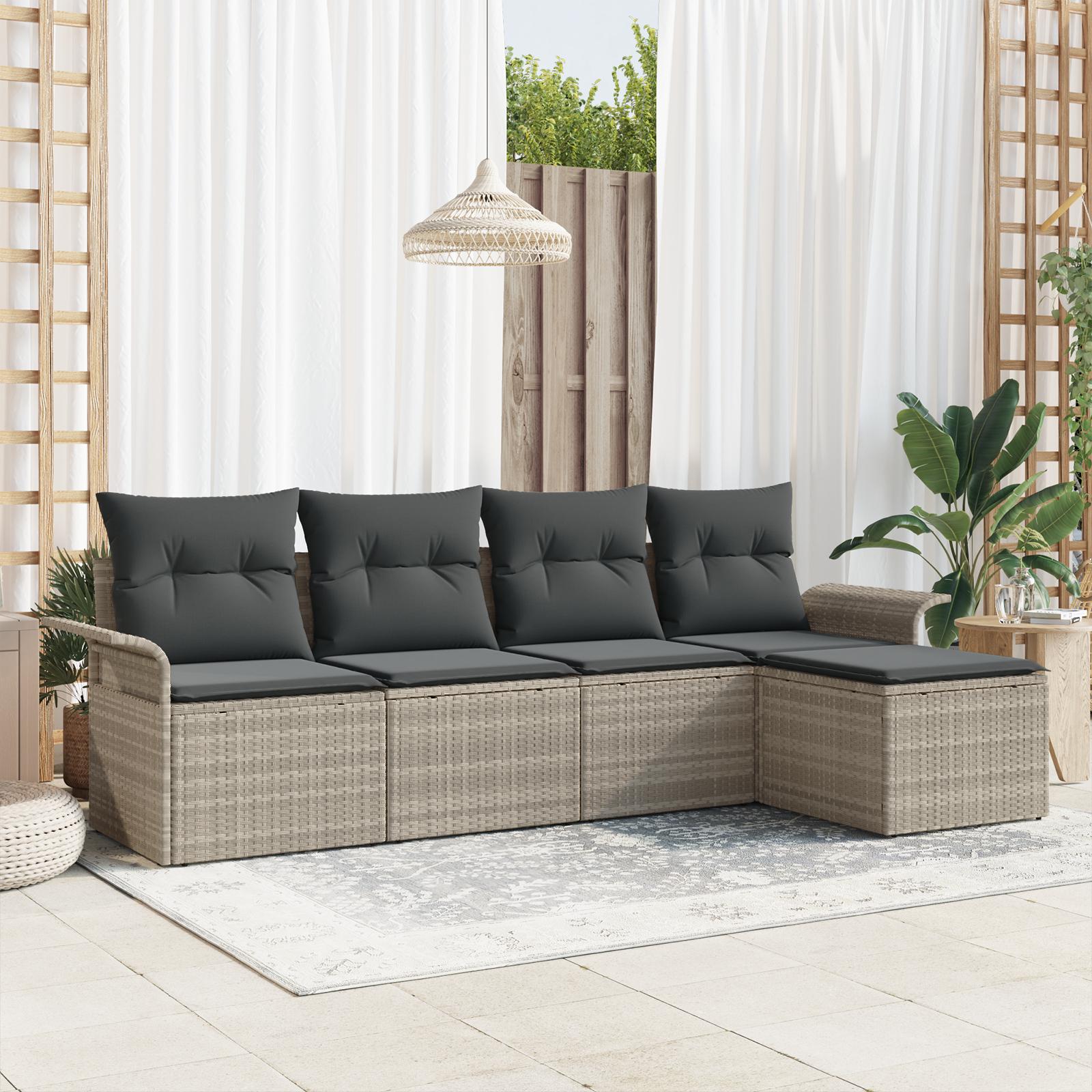 Havesofa Sæt med pude 5 stk Lysegrå Poly rattan
