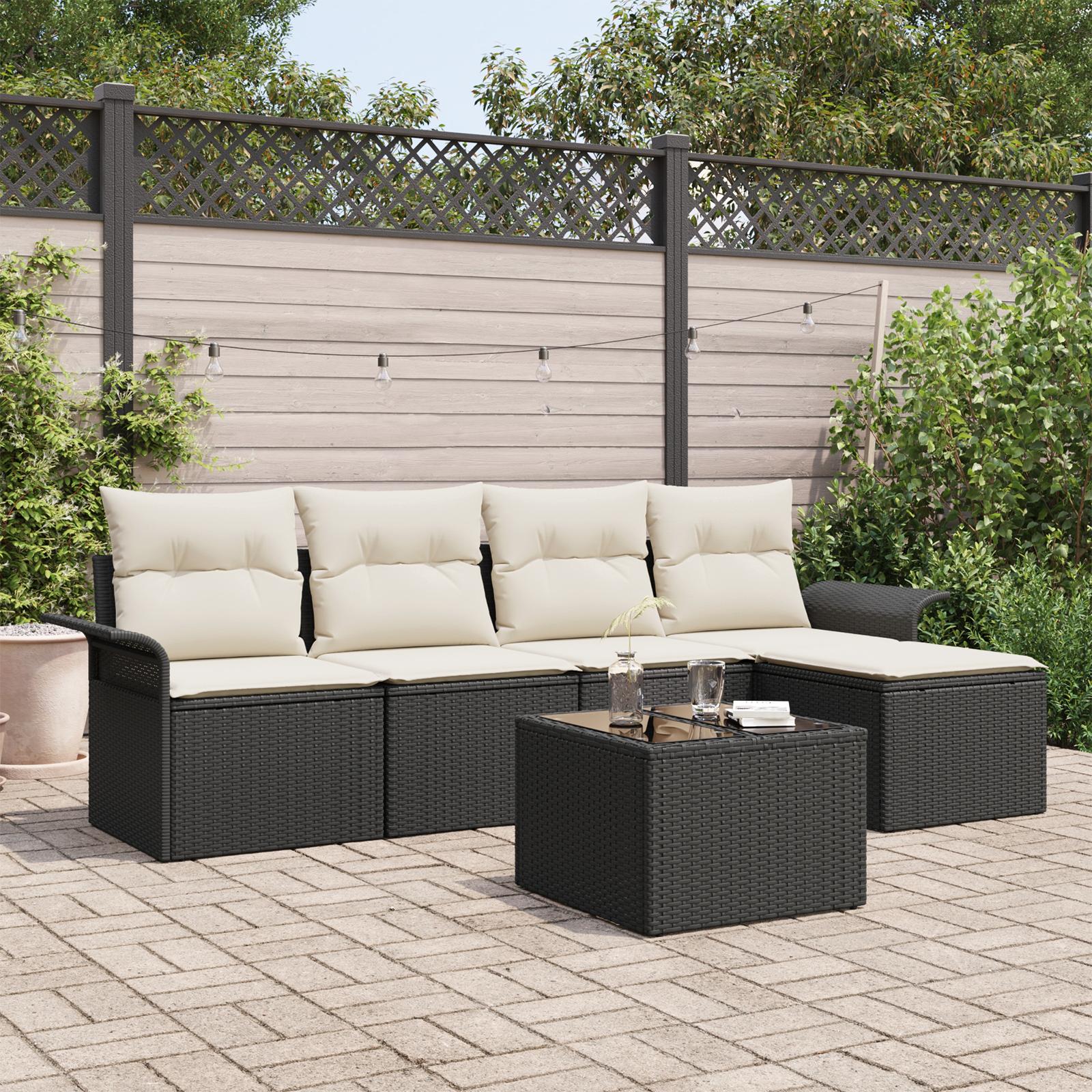 Havesofa Sæt med pude 6 stk Sort Poly rattan