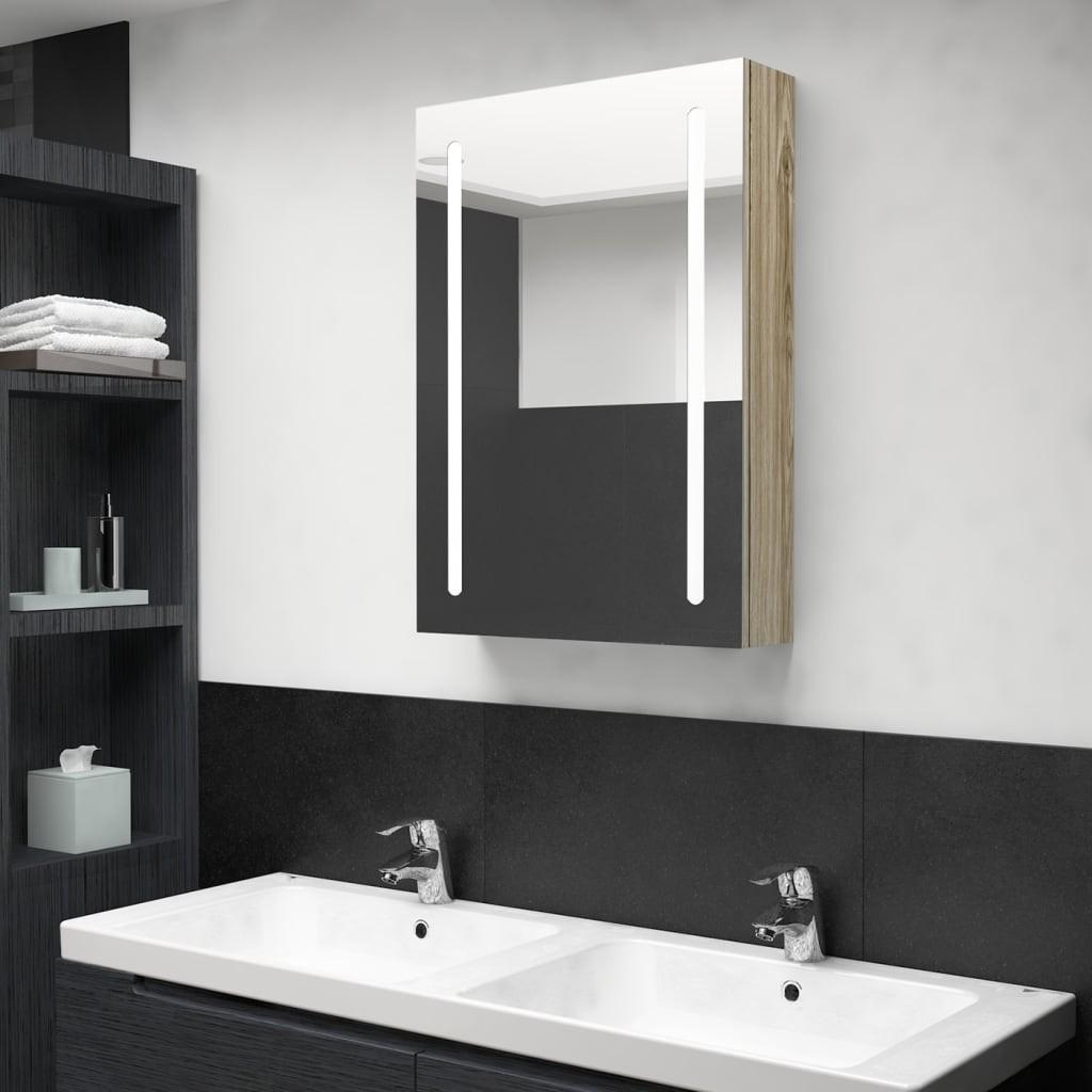 Badeværelsesskab med spejl + LED-lys 50x13x70 cm egetræsfarvet