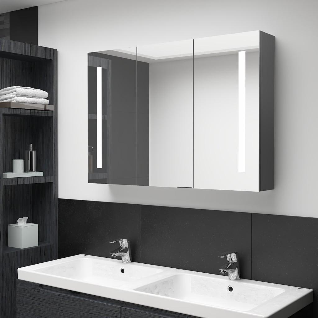 Badeværelsesskab med spejl + LED-lys 89x14x62 cm grå