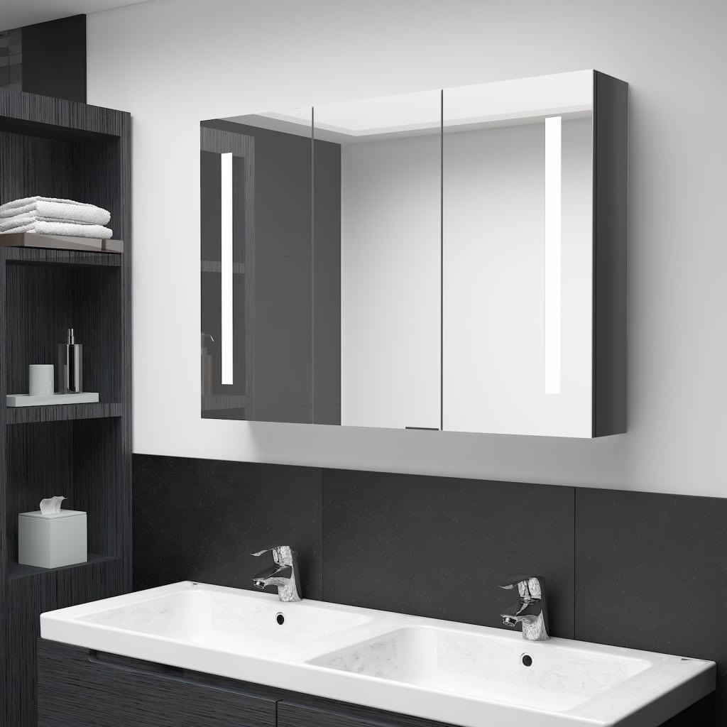 Badeværelsesskab med spejl + LED-lys 89x14x62 cm skinnende grå