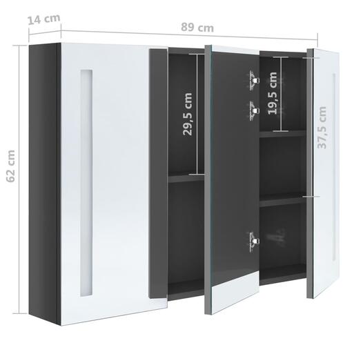 Badeværelsesskab med spejl + LED-lys 89x14x62 cm skinnende grå