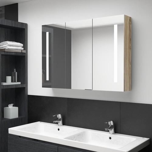 Badeværelsesskab med spejl + LED-lys 89x14x62 cm egetræsfarvet