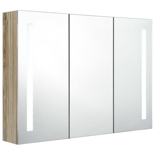 Badeværelsesskab med spejl + LED-lys 89x14x62 cm egetræsfarvet