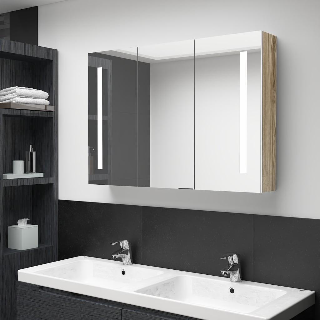 Badeværelsesskab m. spejl + LED-lys 89x14x62 cm hvid og eg