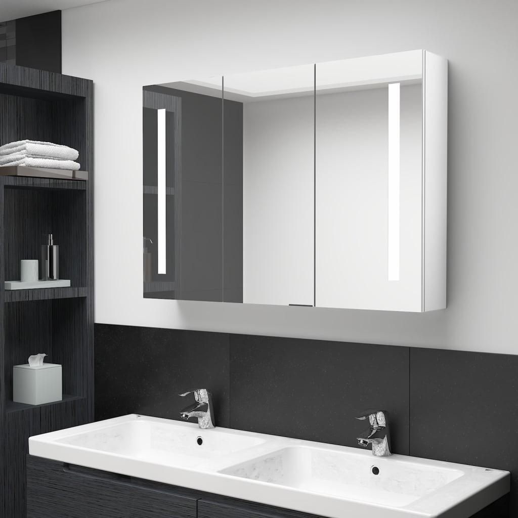 Badeværelsesskab med spejl + LED-lys 89x14x62 cm skinnende hvid