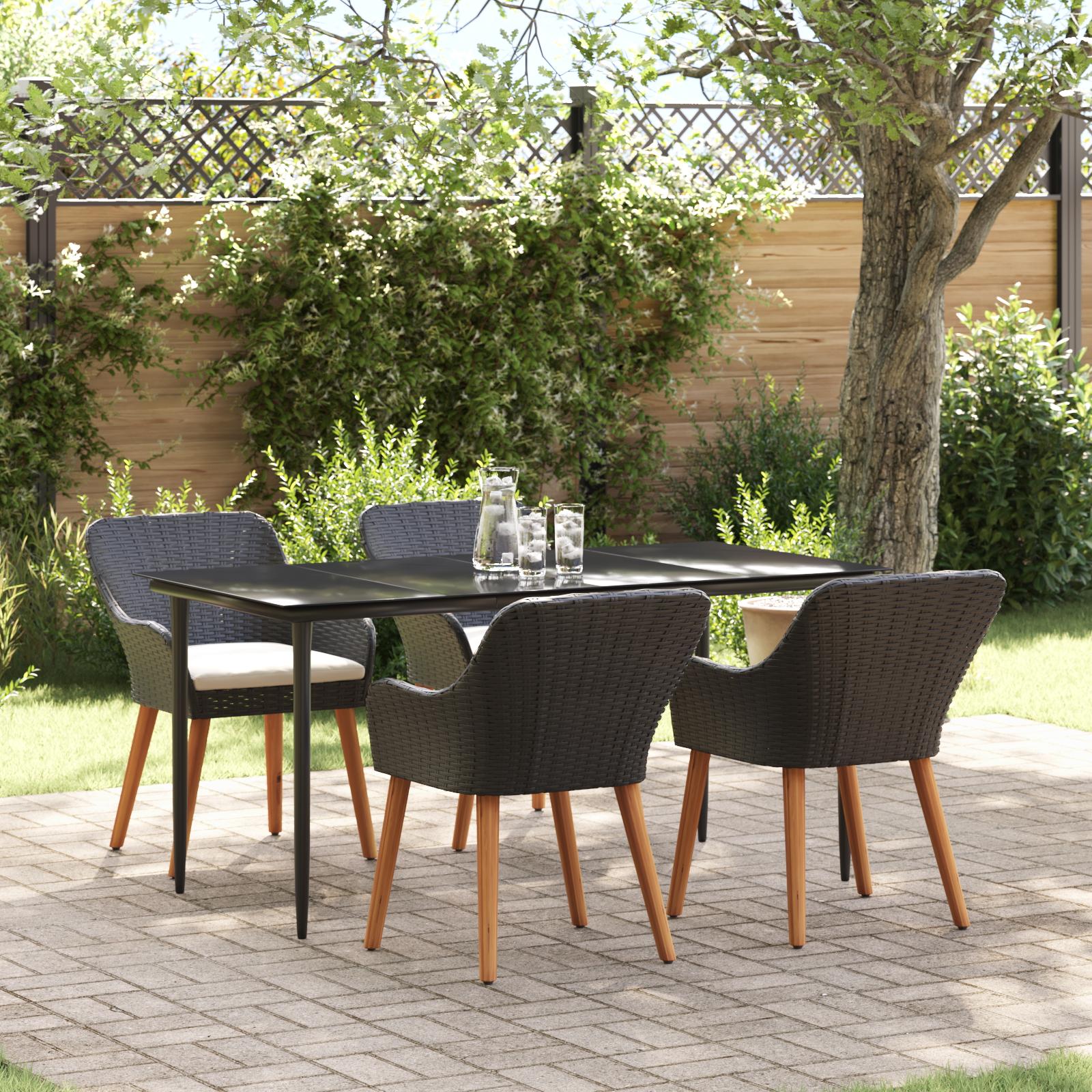 Have spisebordssæt med puder - 5 dele i sort polyrattan