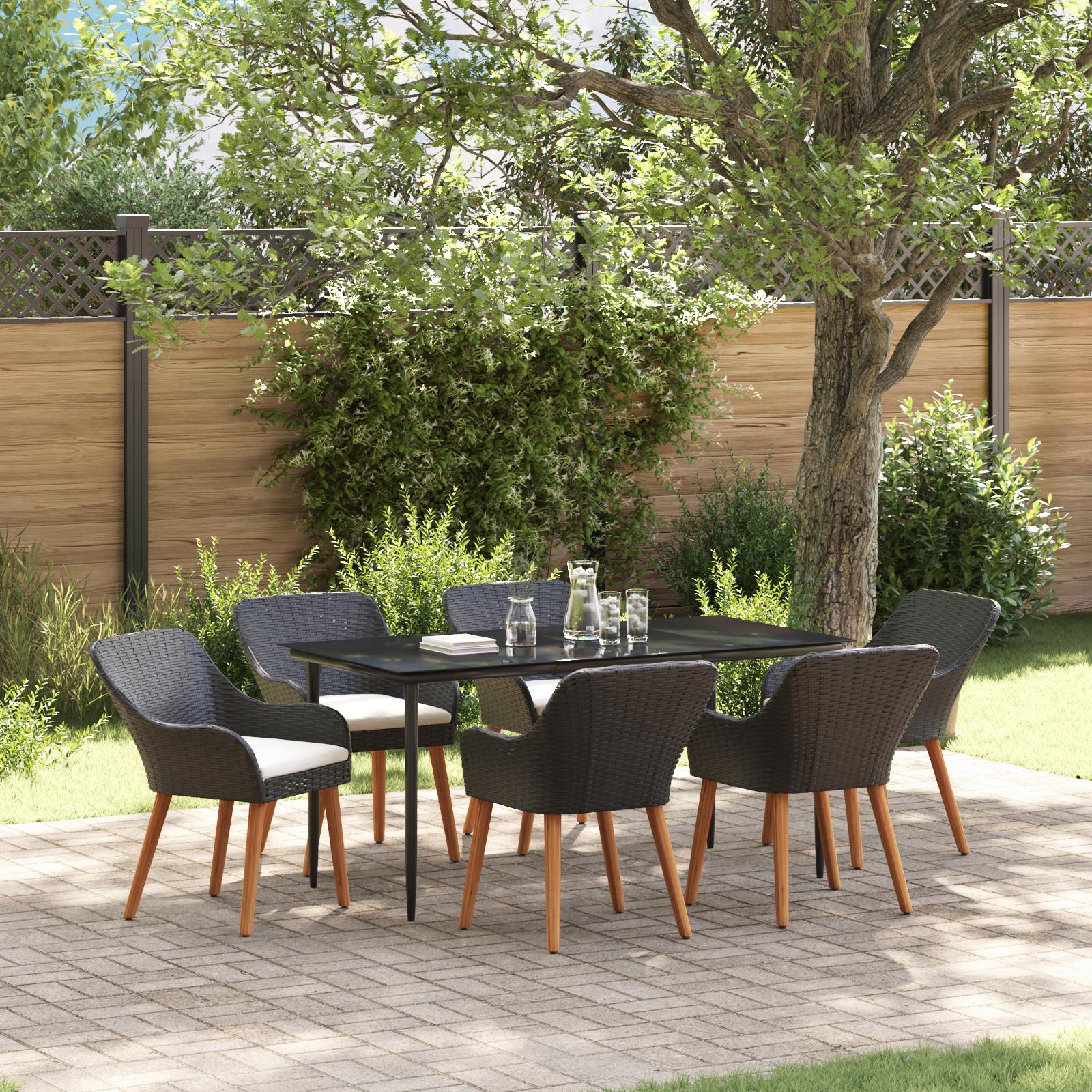 Have spisebordssæt i sort polyrattan med puder - 7 dele